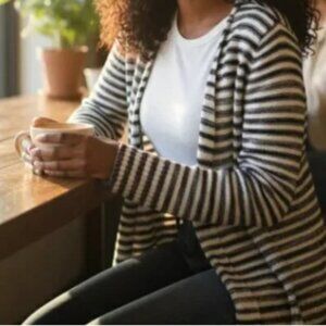 Coldwater Creek Open Cardigan Sweater Navy White Striped Gold Thread S/8